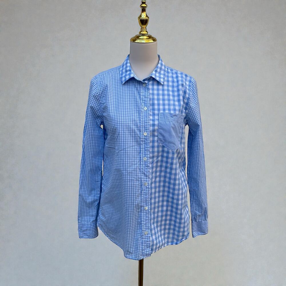 J.Crew Boy Shirt 8 Blue White‎ Mixed Gingham Check Button Down Cotton Preppy